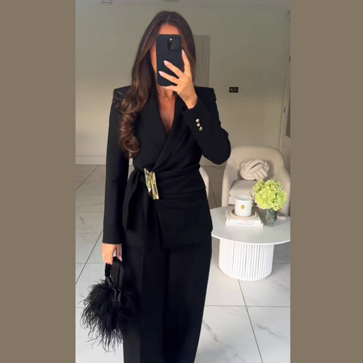 Women's Tailored Wrap Blazer with Decorative Metal Buckle & High-Waist Palazzo Pants Amarae