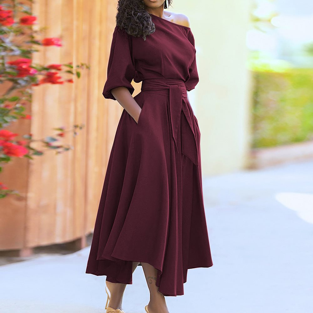 Elegant midi dresses for women with an off-shoulder design and a belt at the waist Lune London
