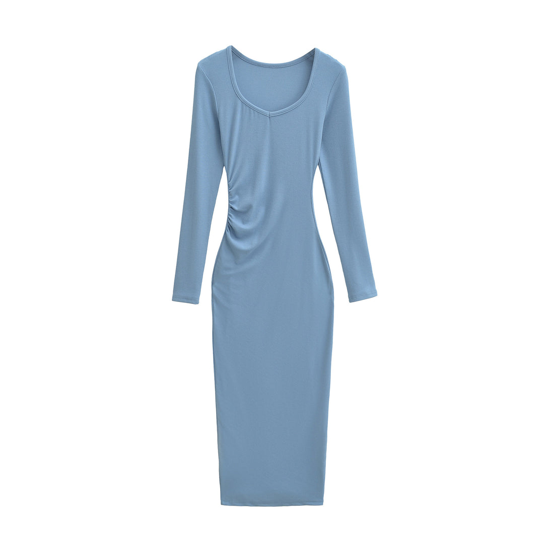 Women's Fitted Midi Dress with Side Ruching and Double Neckline Amarae