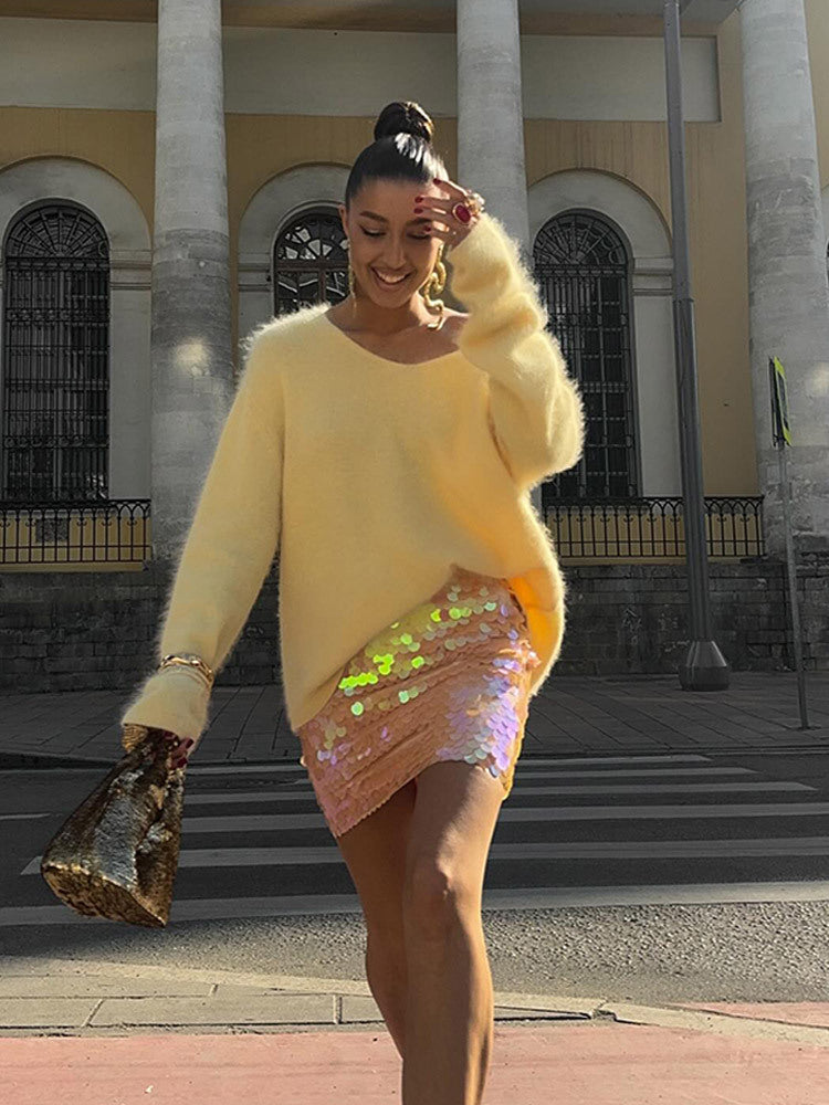 Women Cozy Oversized Mohair Sweater with V-Neck and Extended Back Hem Amarae