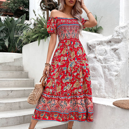 Robe Maxi Femme à Épaules Dénudées avec Imprimés Floraux et Ceinture Élastique Chic & Stil