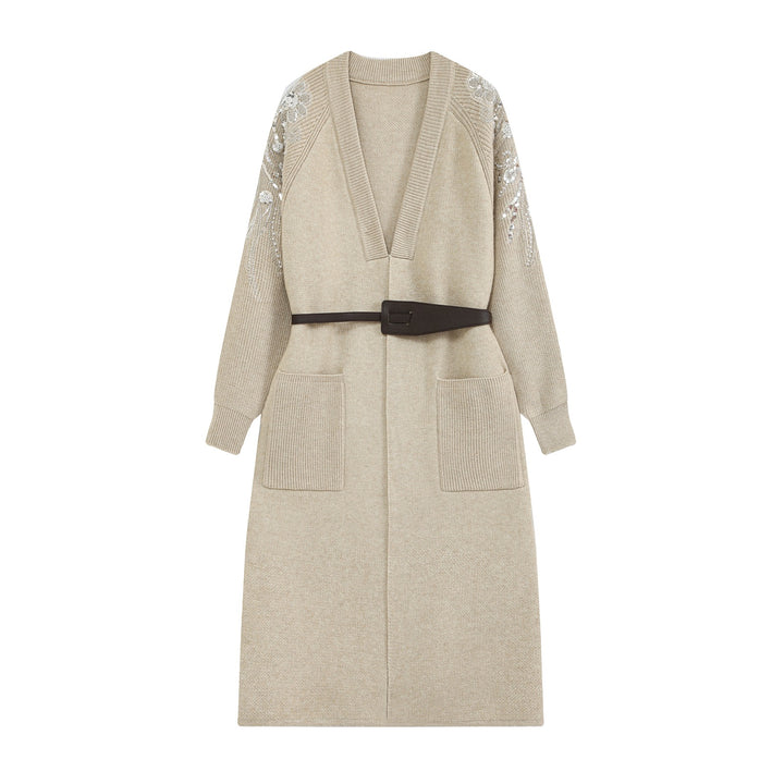 Women's knit midi dress with deep V-neck, waist belt, and sequin-adorned sleeves Amarae