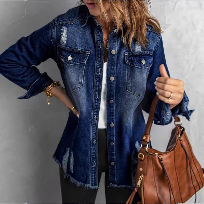Women Oversized Denim Shirt Jacket with Distressed Details and Fringed Hem Amarae