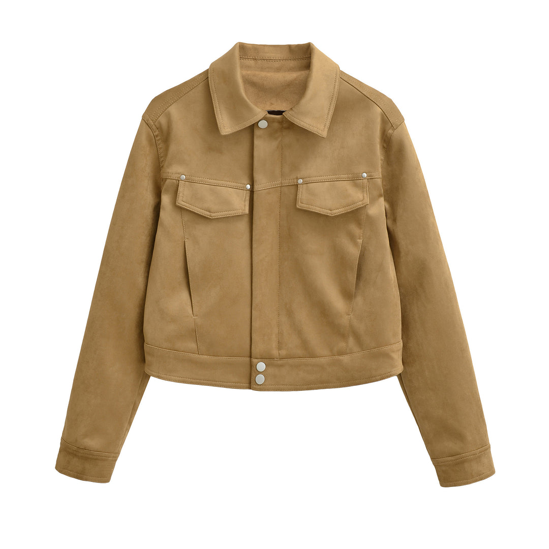 Women Short Velvet-Look Jacket with Snap Button Placket and Patch Breast Pockets Amarae