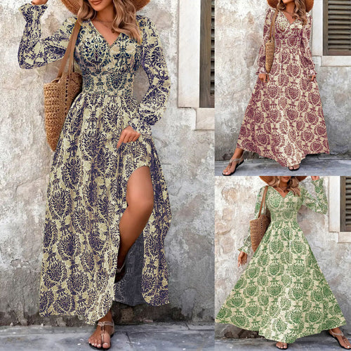 Long maxi dress for women with floral Jacquard pattern and voluminous sleeves Amarae