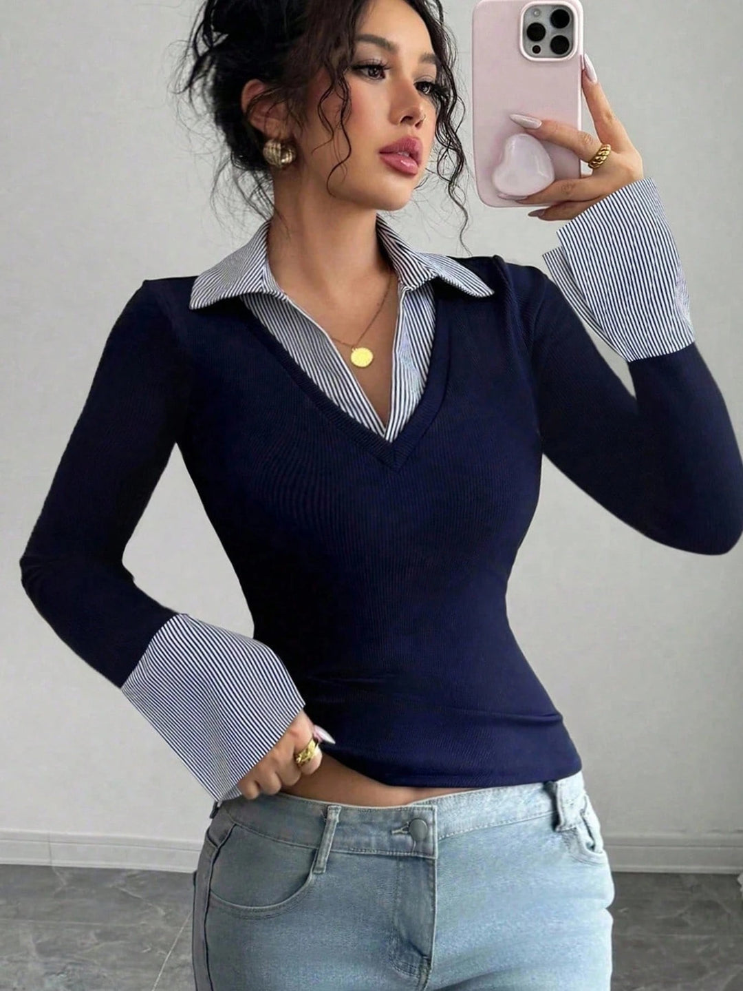 Ladies fine knit sweater with integrated shirt collar and striped cuffs Amarae