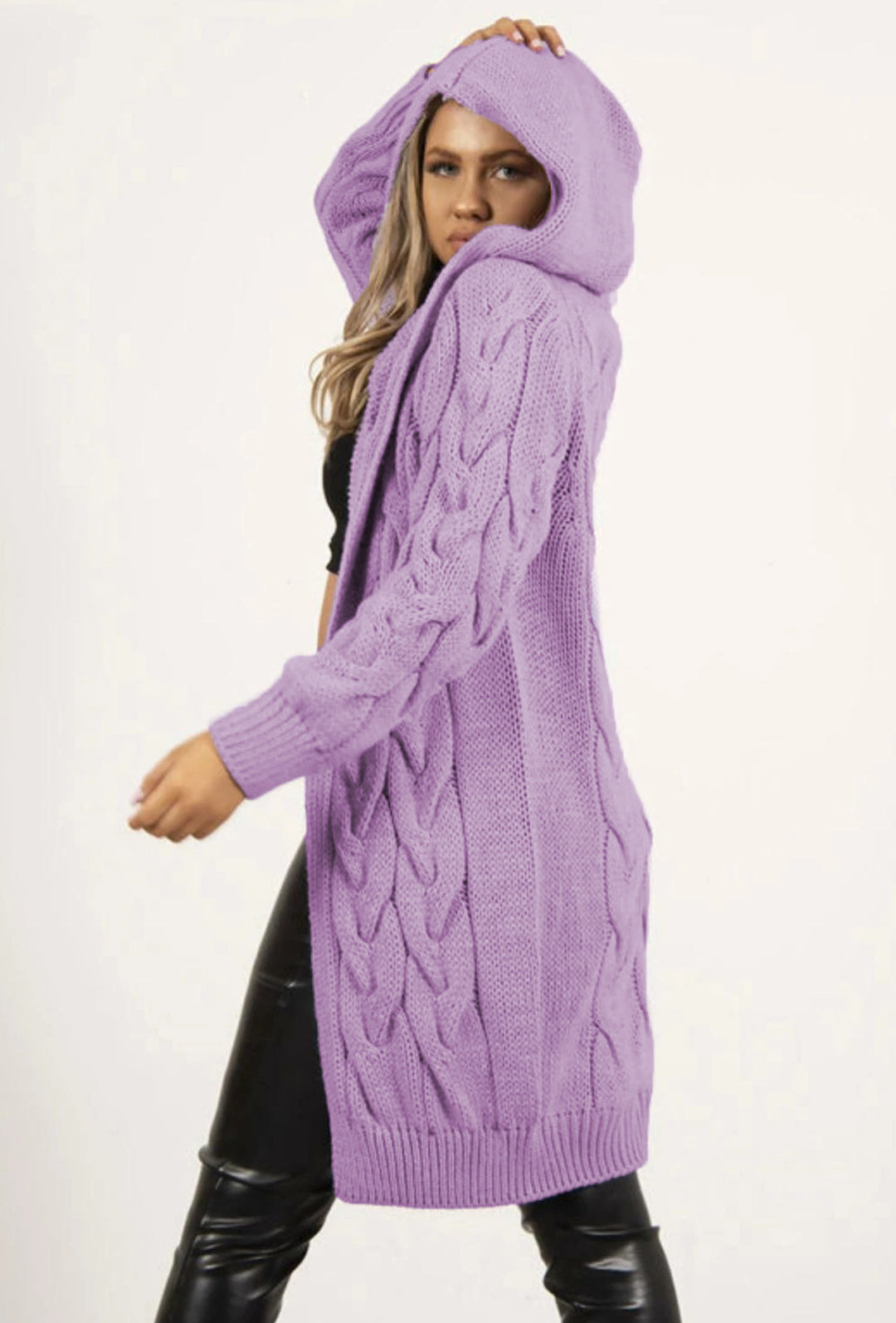 Women's knitted coat with hood and braided design Lune London