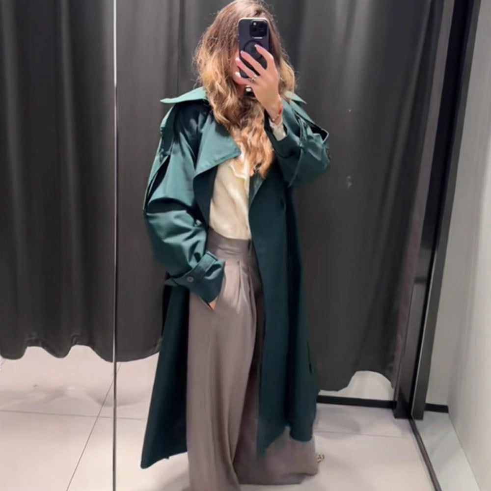 Women Long Water-Repellent Trench Coat with Waist Belt and High Stand Collar Amarae