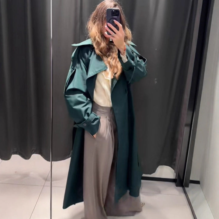 Women Long Water-Repellent Trench Coat with Waist Belt and High Stand Collar Amarae