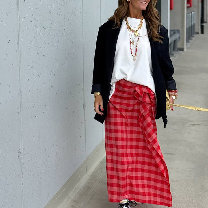 Women's maxi skirt with Vichy check, side ruffle gathering & wrap look Amarae