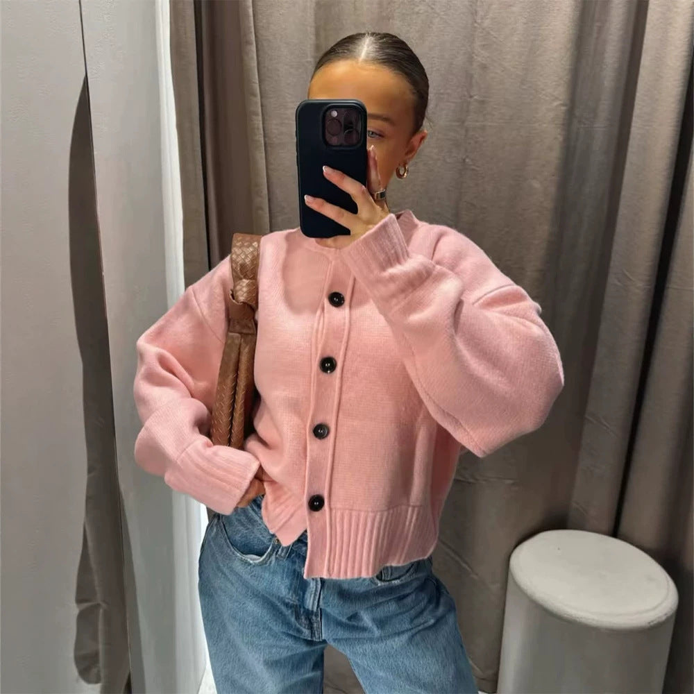 Women's Short Boxy Cardigan with Large Button Placket, Ribbed Hem & Volume Sleeves Amarae