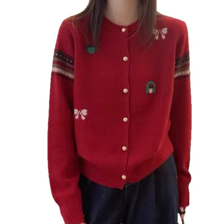 Knitted jacket for women with elegant appliqués and chic and stylish button details