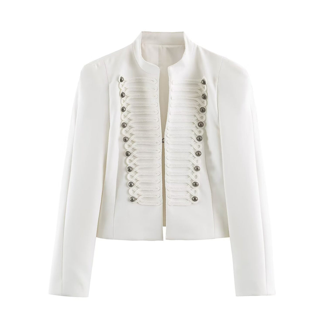Women Short Cut Military Blazer with Stand Collar, Decorative Cords and Structured Silhouette Amarae