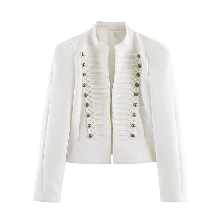 Women Short Cut Military Blazer with Stand Collar, Decorative Cords and Structured Silhouette Amarae