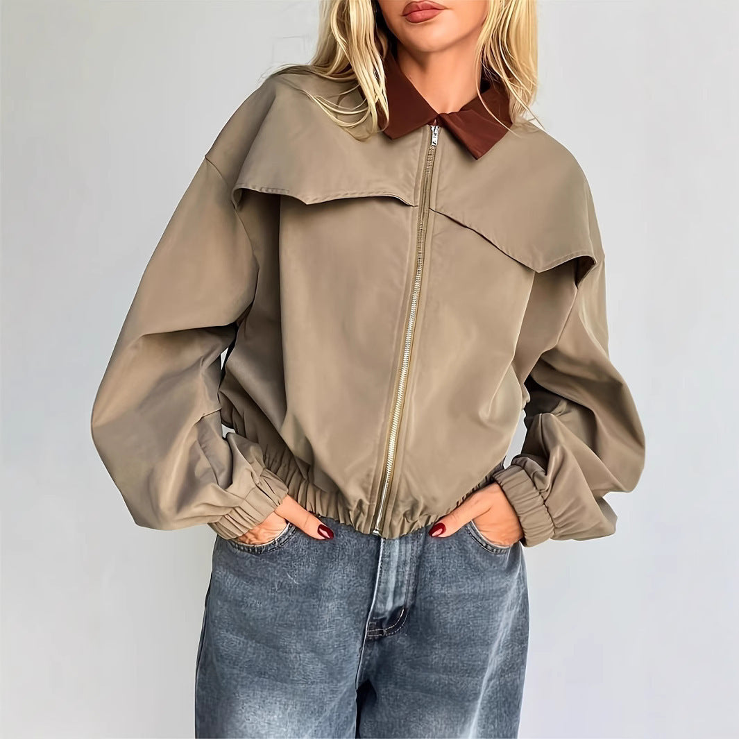 Casual crop jacket for women with wide sleeves and a contrasting collar Lune London