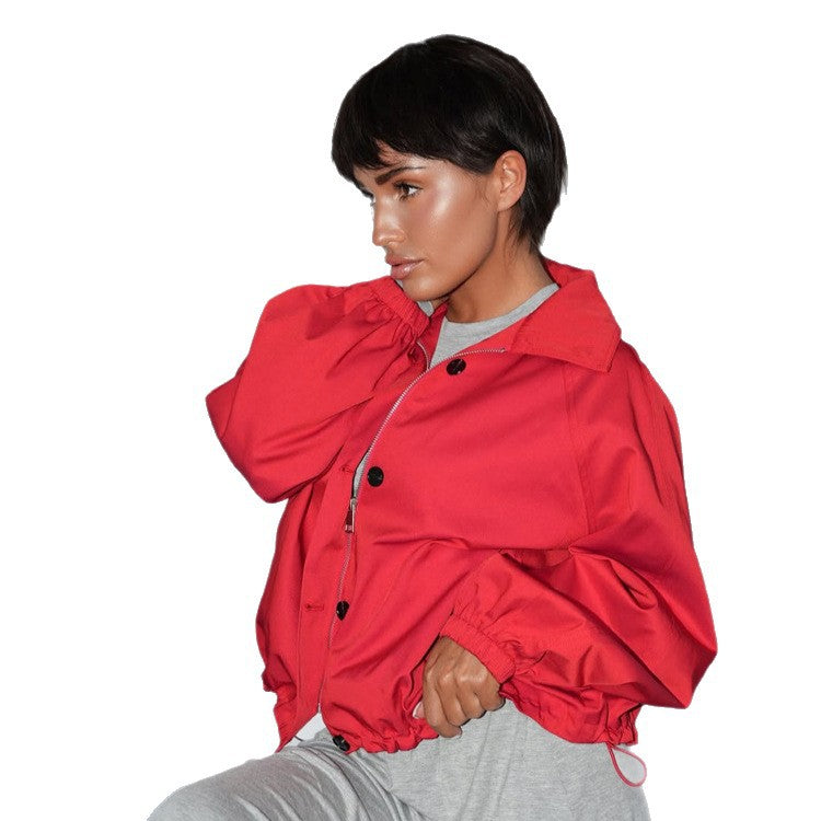 Women's Short Boxy Bomber Jacket with Drawstring and Balloon Sleeves Amarae