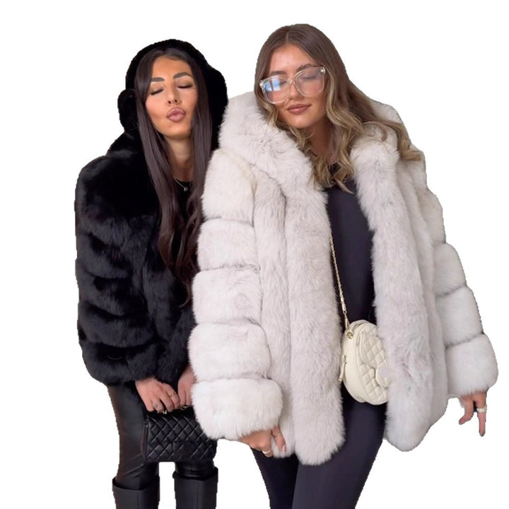 Ladies short coat made of faux fur with voluminous panels and shawl collar Amarae