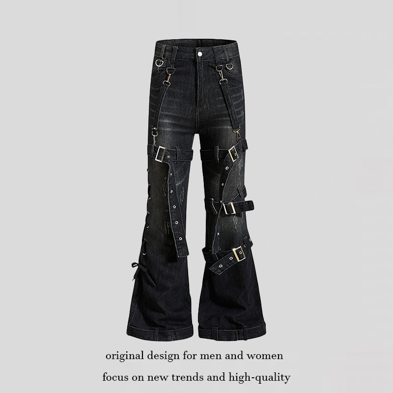 Women's Bondage-Flared-Jeans with decorative buckles, straps and used look Amarae