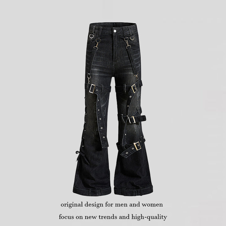 Women's Bondage-Flared-Jeans with decorative buckles, straps and used look Amarae