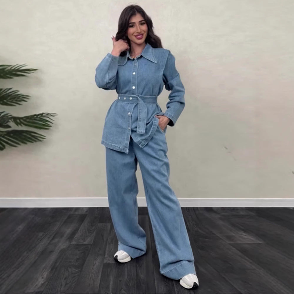 Denim jumpsuit for women with stylish belt and wide legs Lune London