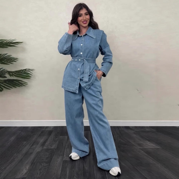 Denim jumpsuit for women with stylish belt and wide legs Lune London