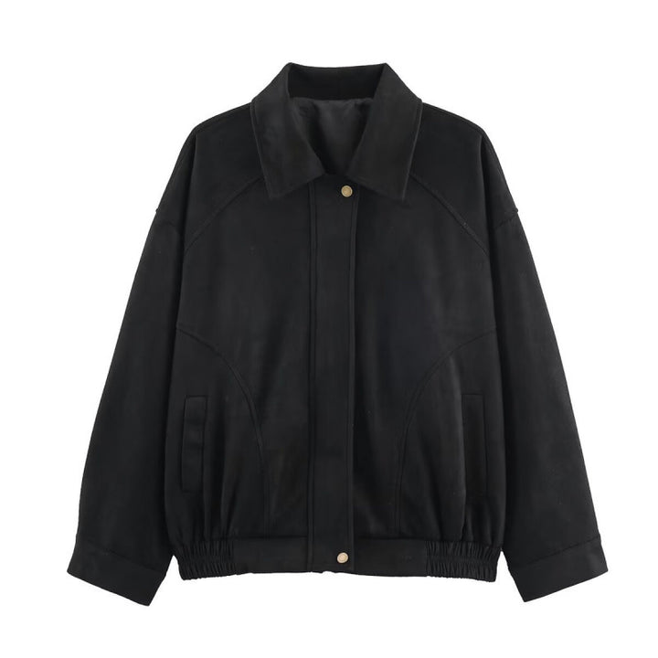 Trendy faux leather jacket for women with elastic waist and side pockets Lune London