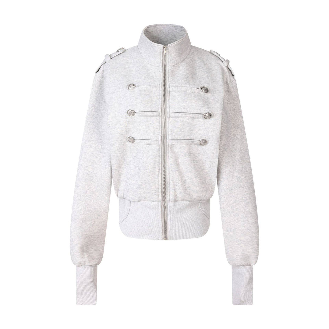 Women's Short Sweat Jacket in Military Style with Stand-Up Collar and Decorative Patches Amarae