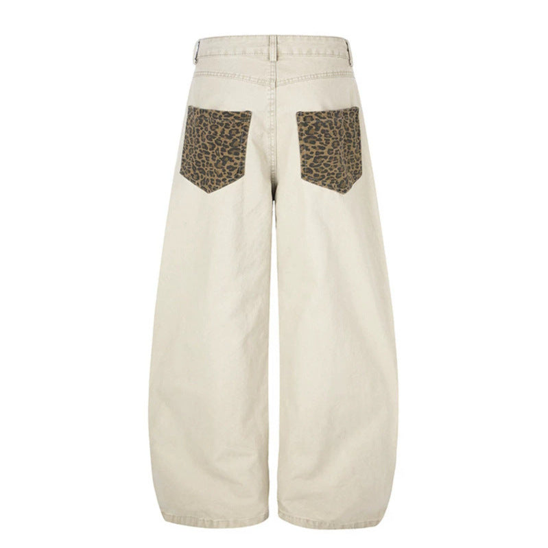 Women's Wide High-Waist Palazzo Jeans with Leopard Inserts and Side Pockets Amarae