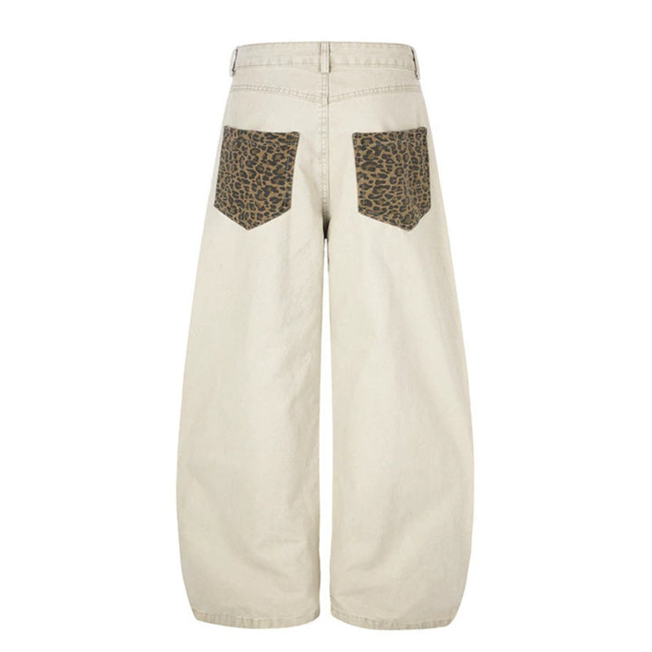 Women's Wide High-Waist Palazzo Jeans with Leopard Inserts and Side Pockets Amarae