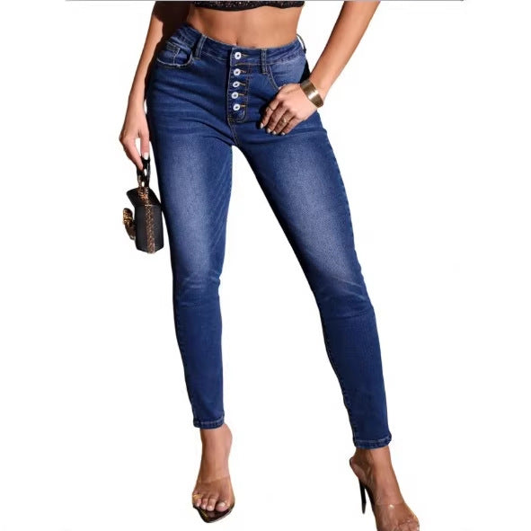 Women High-waisted Sculpting Skinny Jeans with visible multi-button placket and shaping butt lift Amarae