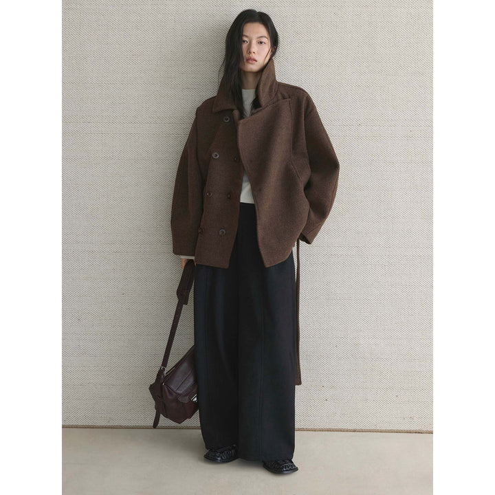 Women's high-waisted fabric trousers with wide palazzo leg and pleats Amarae