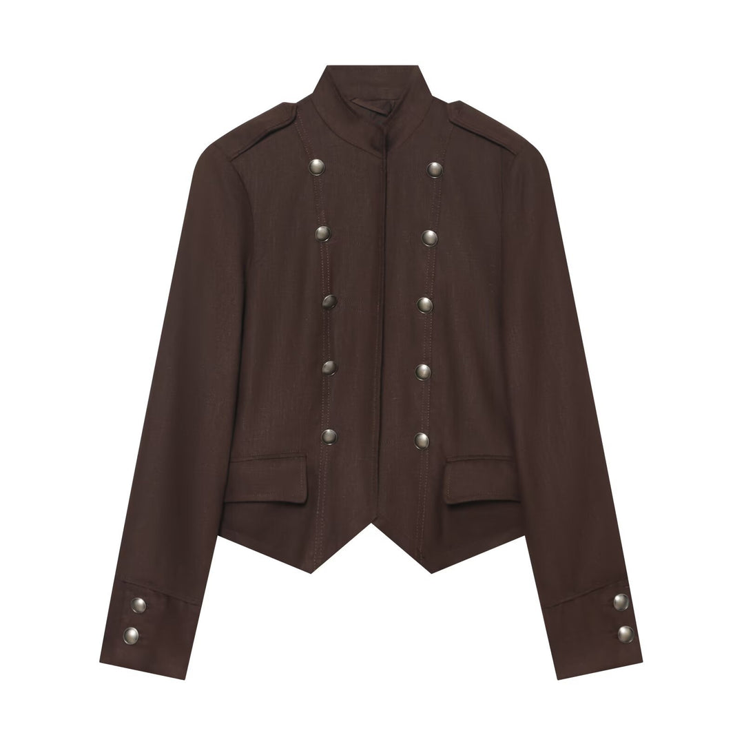 Women Short Military-Inspired Double-Breasted Jacket with Stand Collar and Flap Pockets Amarae