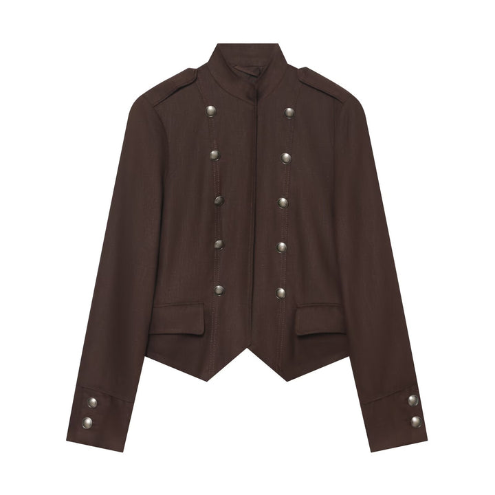 Women Short Military-Inspired Double-Breasted Jacket with Stand Collar and Flap Pockets Amarae
