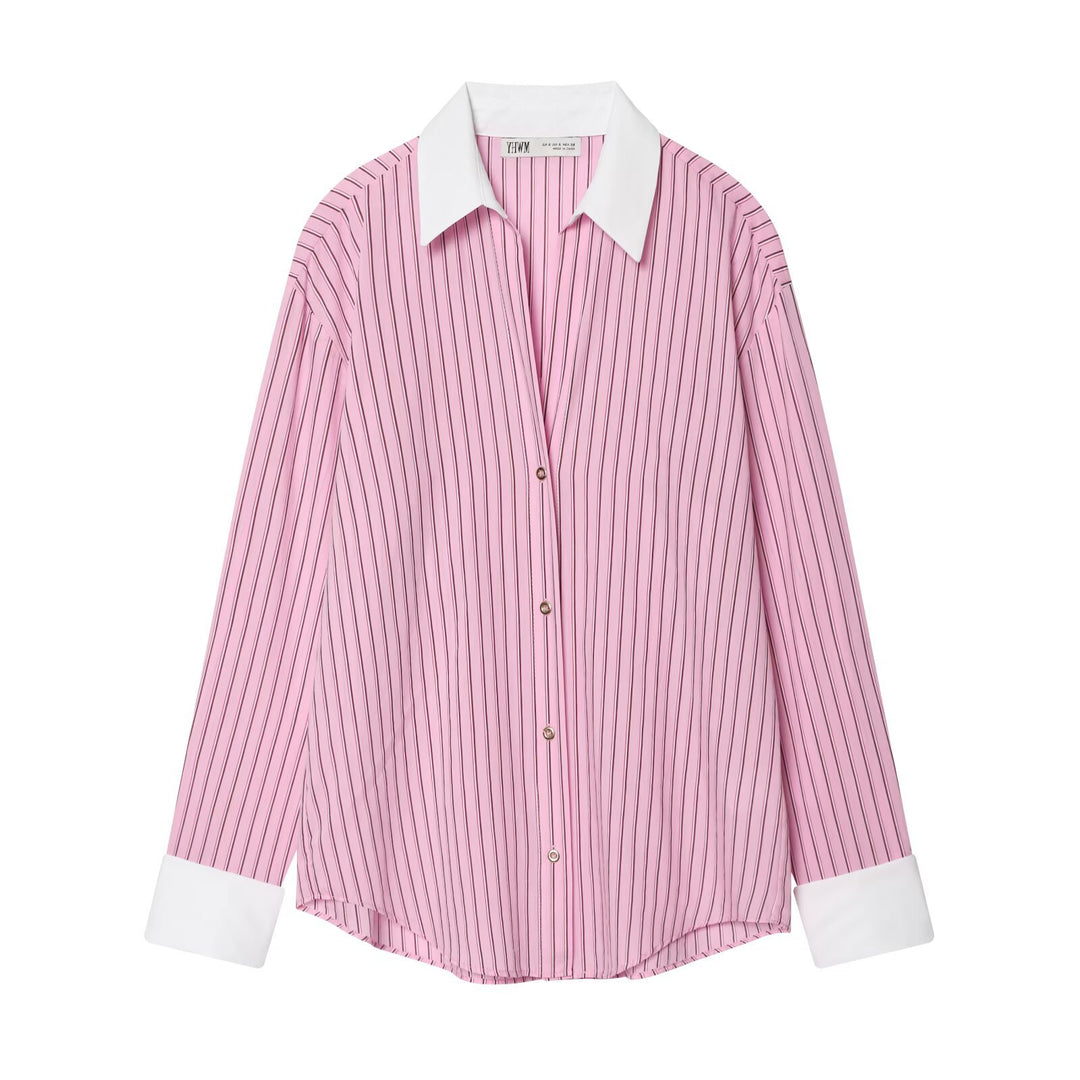 Women Oversize Shirt Blouse with Contrast Collar and Cuffs Amarae