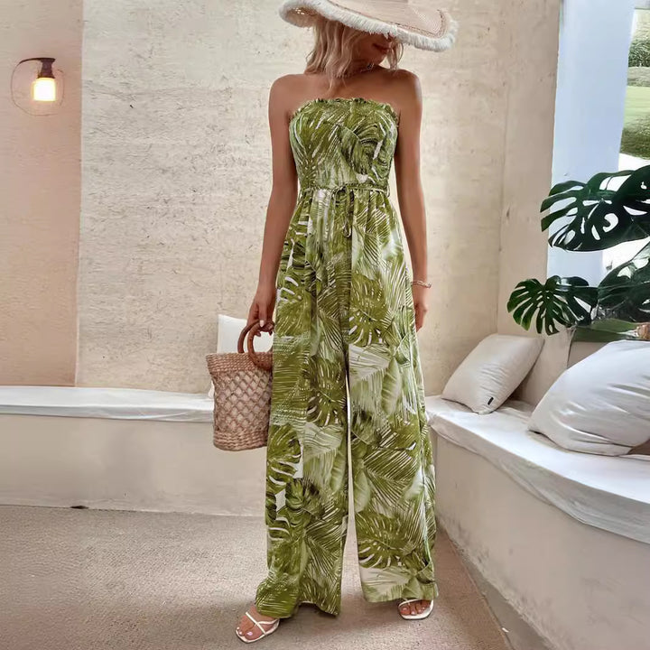 Ladies Sleeveless Tropical Print Wide Leg Jumpsuit Lune London