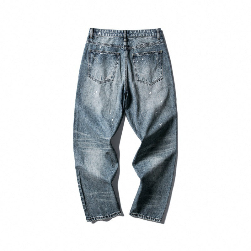 Men's Wide Baggy Jeans with Used Wash, Paint Splatter Effect and Relaxed Silhouette Amarae