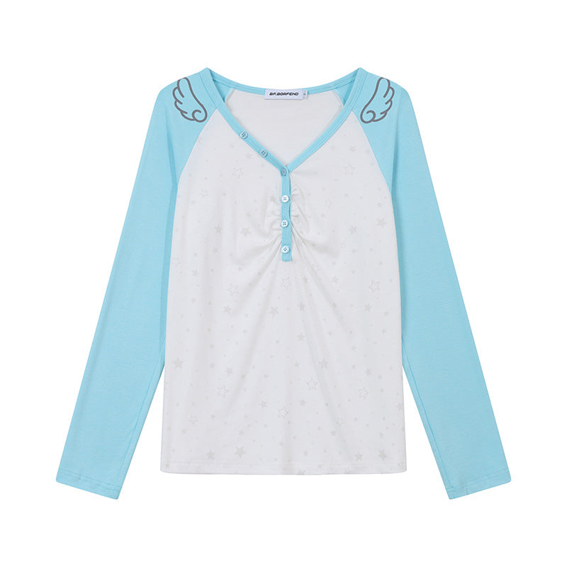 Women's Long Sleeve Henley Shirt with Raglan Sleeves, Gathered and Star Print Amarae