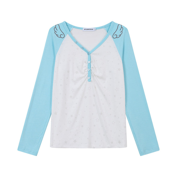 Women's Long Sleeve Henley Shirt with Raglan Sleeves, Gathered and Star Print Amarae