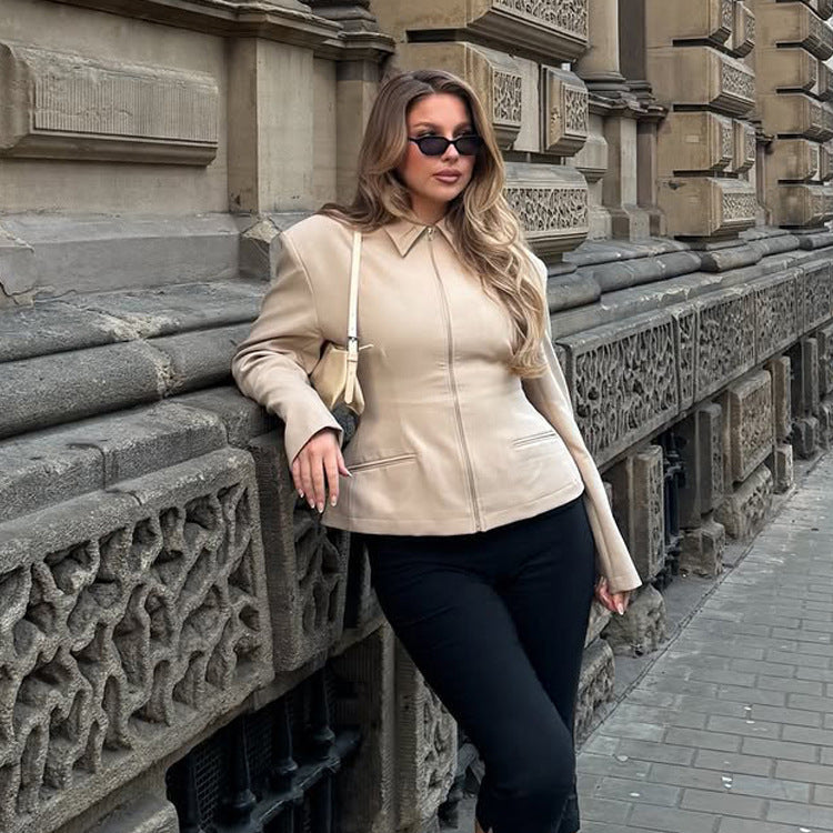 Women's Tailored Short Jacket made of vegan leather imitation with shirt collar and concealed zipper Amarae