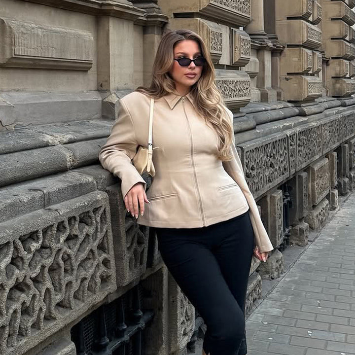 Women's Tailored Short Jacket made of vegan leather imitation with shirt collar and concealed zipper Amarae