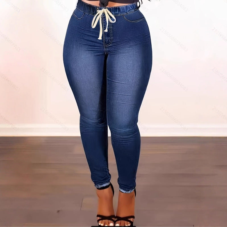 Women's High-Waist Sculpting Jeggings in Denim Look with Elastic Drawstring Waistband Amarae