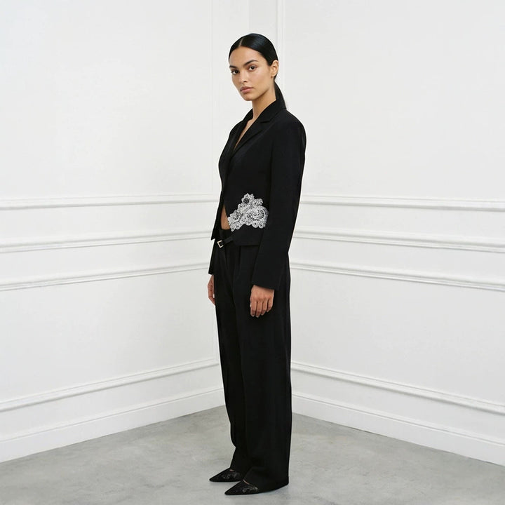 Women's Sculpted Cropped Blazer with Lace Trim and Tailored Silhouette Amarae