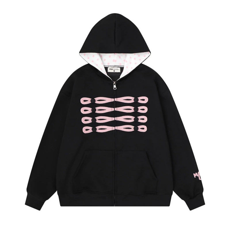 Women's oversized hooded sweatshirt jacket with decorative button print and polka dot hood lining Amarae