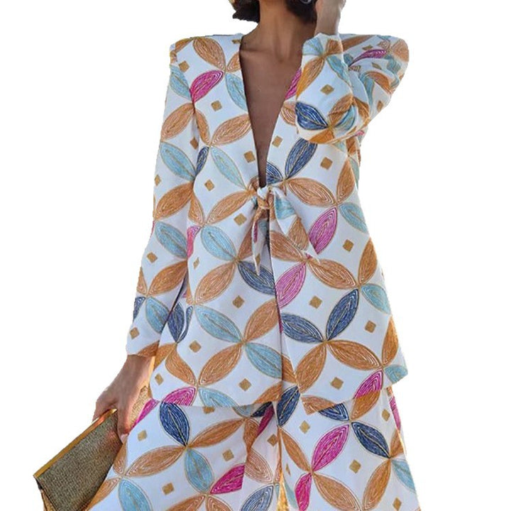 Women's Two-Piece Jacquard Suit with Waist Bow and Wide Leg Amarae