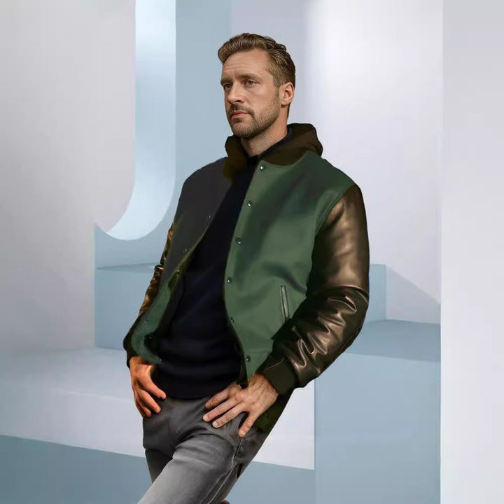 Stylish varsity jacket for men with leather sleeves Lune London