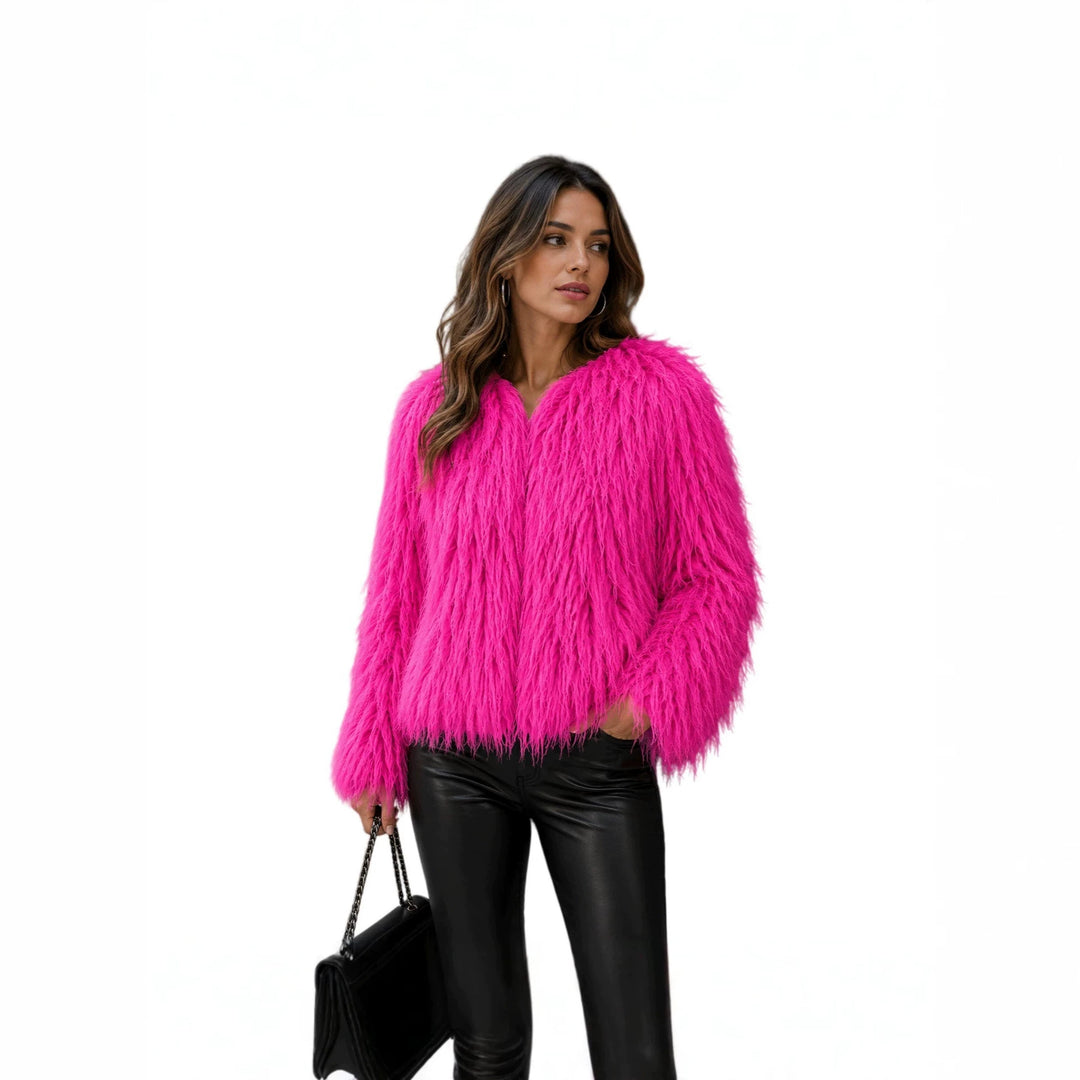 Women Short-Cut Shaggy Faux Fur Jacket with Round Neck, Extra Soft Long Hair and Casual Fit Amarae