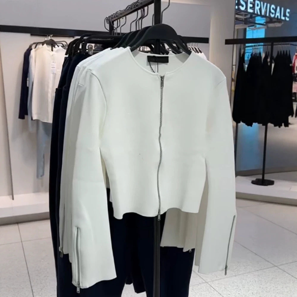 Ladies Tailored Cropped Cardigan with Full Metal Zipper and Extended Cuff Zippers Amarae