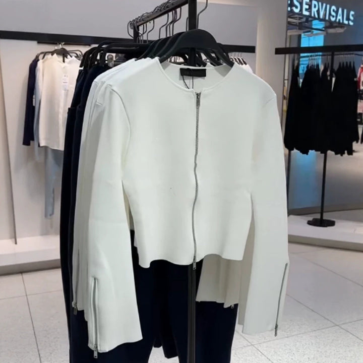 Ladies Tailored Cropped Cardigan with Full Metal Zipper and Extended Cuff Zippers Amarae