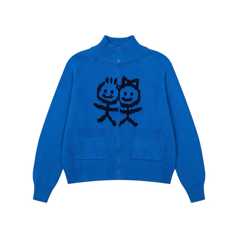 Women's chunky knit zip cardigan with stand-up collar, patch pockets and cartoon intarsia Amarae