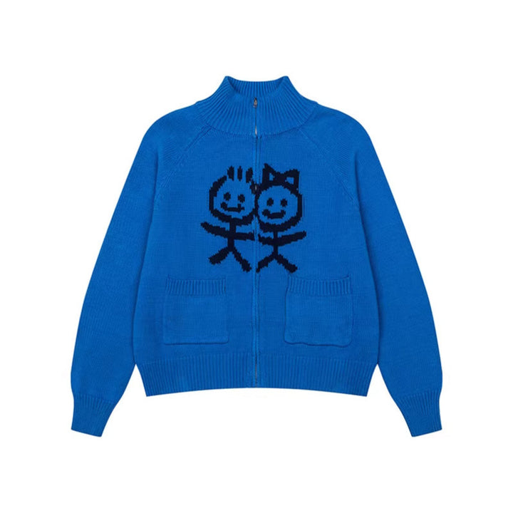 Women's chunky knit zip cardigan with stand-up collar, patch pockets and cartoon intarsia Amarae